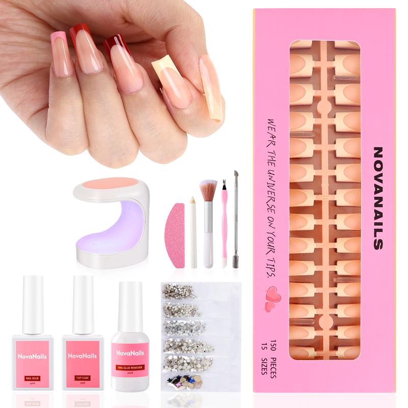 NOVANAILS French Tip Press On Kit 150Pcs Medium Square Skin Tones Gel Nail Tips Starter Kit for Gift and Nail Art DIY,Decorations Rhinestone Art Glue with Brushes Nude Acrylic Powder