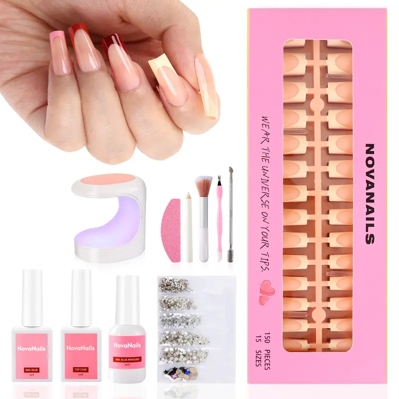 NOVANAILS French Tip Press On Kit 150Pcs Medium Square Skin Tones Gel Nail Tips Starter Kit for Gift and Nail Art DIY,Decorations Rhinestone Art Glue with Brushes Nude Acrylic Powder