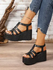 Fashion Height Increasing Thick Sole Ankle Strap Wedge Sandals for Women, New Summer Platform High Heels, Casual Sporty Slip-On Large Size Shoes