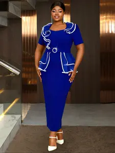 Plus Size V Neck Ruffled Sleeve Dress for Women, Elegant Color Block Bodycon Midi Dress for Weddings and Special Occasions