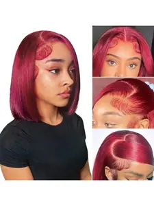 Burgundy Lace Front Bob Wig] 99J 150% Glueless Lace Front Burgundy Bob Wig - Human Hair 13x4 Lace Front Wigs For Woman Straight Wig Pre Plucked Natural Hairline 8-14inch Short Bob Wigs Real Hair Wig