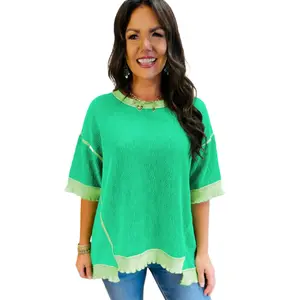 Women's Mint Green Ribbed T-Shirt – Loose Shift Fit with Uneven Hem, Casual Short Sleeve Top for Daily Wear