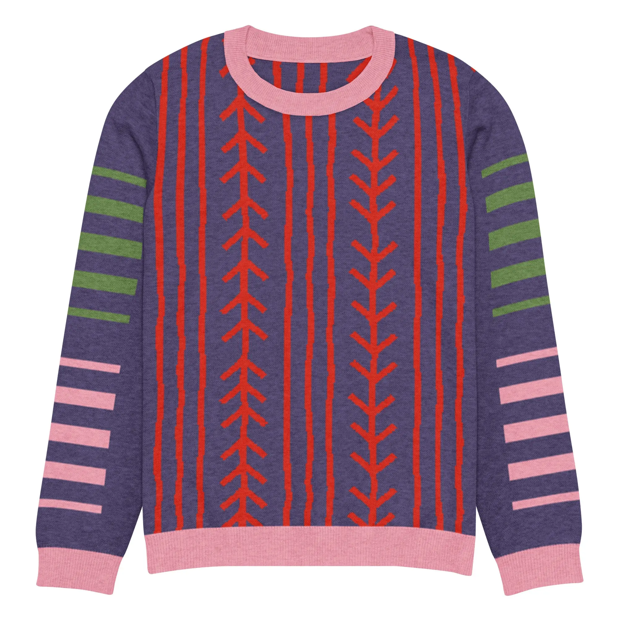 Abstract Argyle and Stripe Purple Knitted Crewneck Sweater