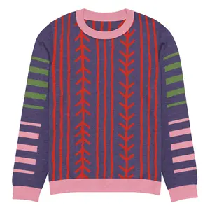 Abstract Argyle and Stripe Purple Knitted Crewneck Sweater