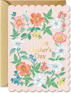 Elegant Pink Floral Mother’s Day Card with Gold Foil - Luxury Scalloped Edge Greeting Card for Mom & Grandma - Includes Gold Envelope & Seal (5x7 inch)