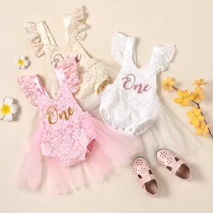 Baby Girl First Birthday Outfit Lace Tulle Romper Princess Tutu Dress One Year Old Birthday Cake Smash Photography Clothes