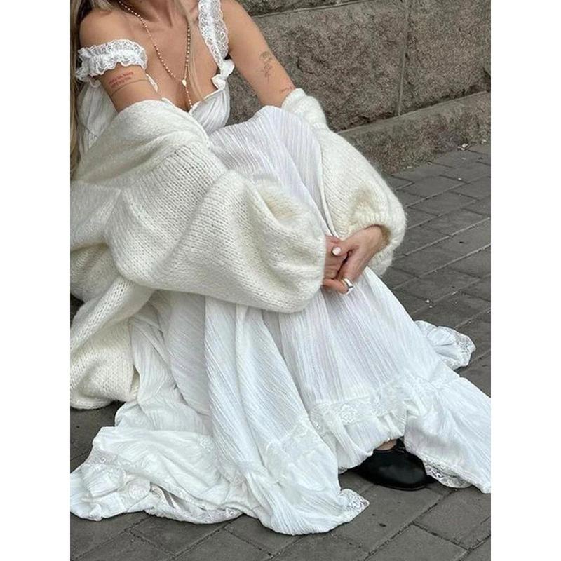 Women's Loose Sleeveless White Long Skirt For Lady Seaside Vacation