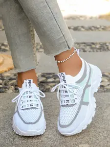 Women's Patchwork Knit Mesh Dad Shoes, Thick Sole Height Increasing Breathable Casual Sports Sneakers, All Seasons Textile PVC Soles