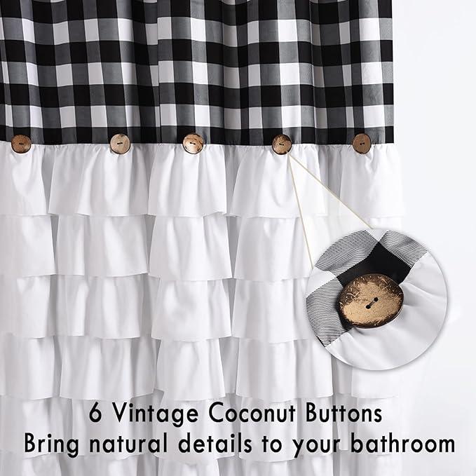 Farmhouse Ruffle Shower Curtain with Handmade Vintage Buttons, Country Buffalo Plaid Fabric Black and White Shower Curtains for Master Bathroom, Bathroom Decor Shower Curtain with 12 Holes,72" x 72"