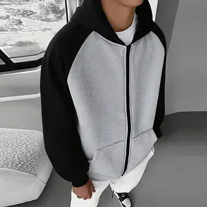 Men's Colorblock Zip-up Hoodie Black & Gray Contrast Long Sleeve Casual Street Style Knitting Jacket