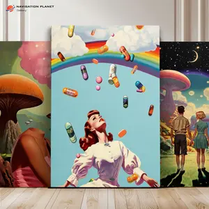 Trippy Medicine Pill Rain Canvas Print, Surreal Pop Art Wall Decor, Retro Girl Under Rainbow Poster, Psychedelic Dream Aesthetic Artwork Gift
