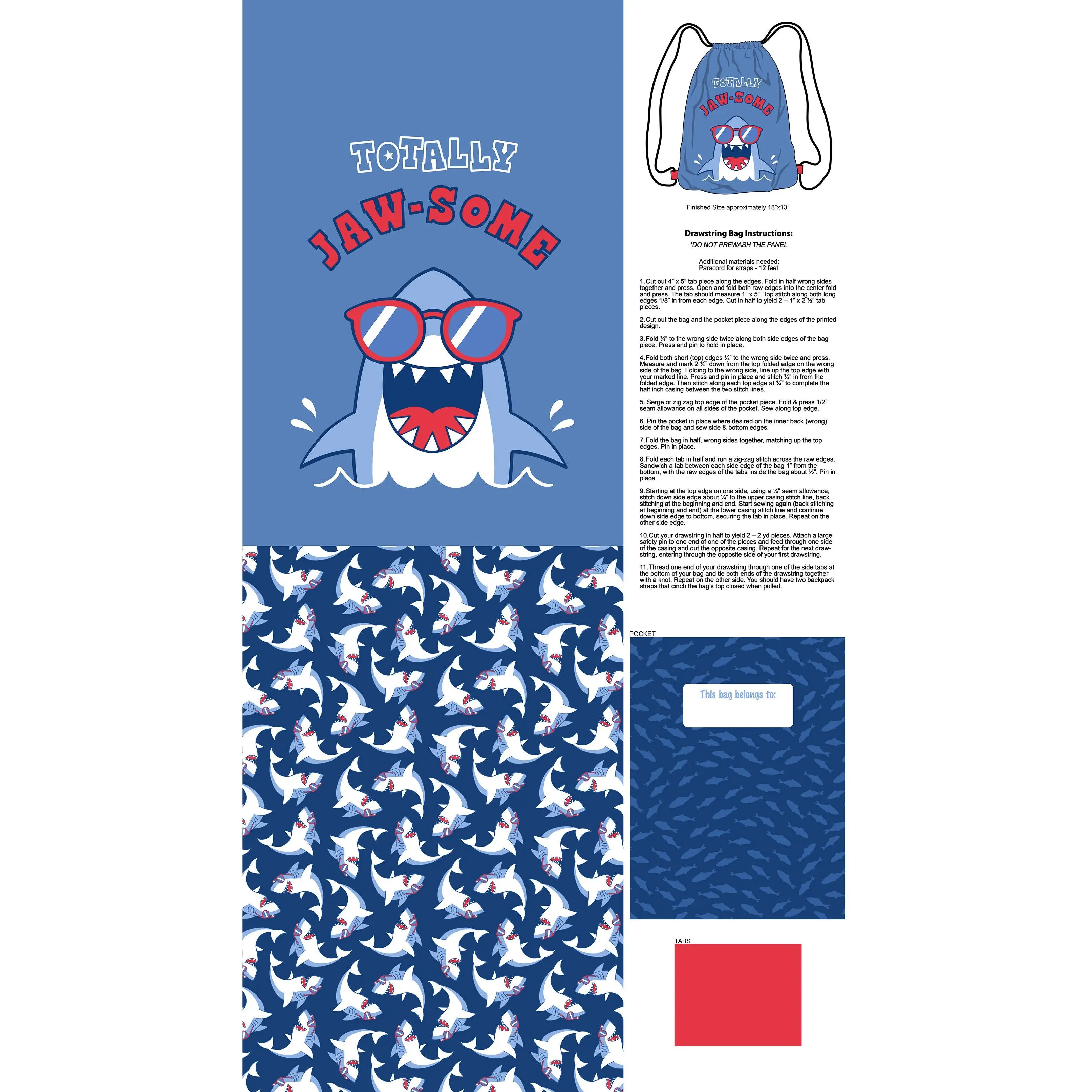 Fabric Northcott Shark Attack Bag Panel C28861-48