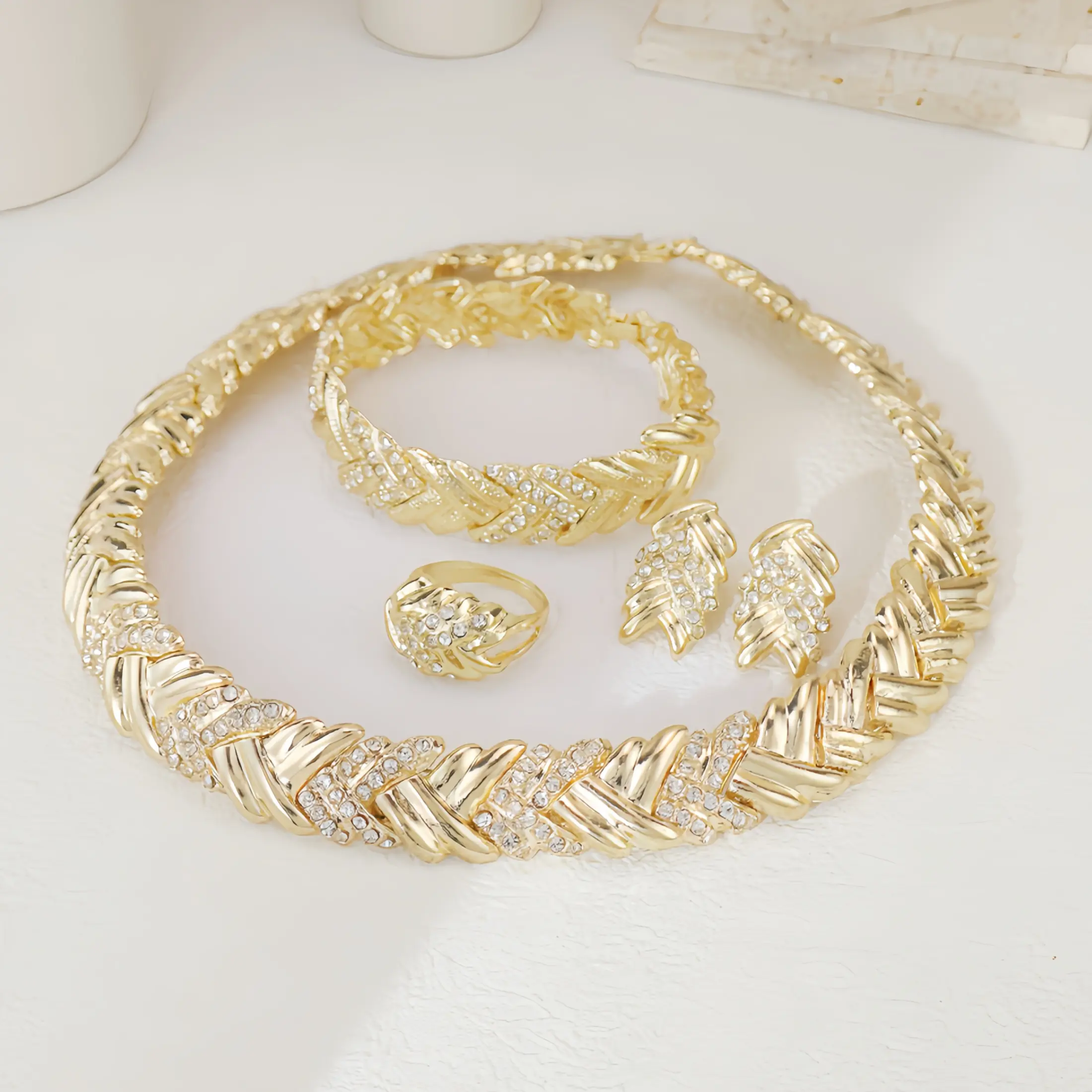 Wedding Jewelry Sets for Brides, Elegant 4-Piece Gold-Tone Bridal Set with Wheat Design and Rhinestone Accents, Bridal Jewelry Set For Wedding Gold Necklace Set