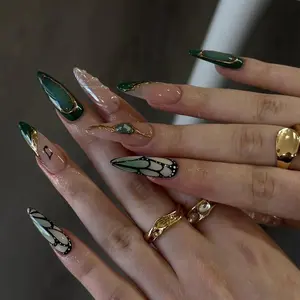 J13 Nailed by Vibe -Emerald Aura Press On Nails, Deep Green & Nude Glossy Base, Abstract Butterfly Wing Art, Handmade Statement Nails, Gift for Her