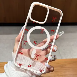 Transparent Protective Case with a Cherry Bow Pattern for Apple And Samsung Magnetic Phones,iPhone 17 E Air Pro ProMax iPhone16 15 14 Plus 13 12 Mini 11 X XS XR, Featuring a Full Edge Soft Shell That Is Stylish, Cute, Lightweight, And Creatively Easy