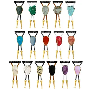 Daisy Del Sol Gemstone Bolo Tie Braided Vegan Faux Leather Natural Stone Gold Tips Handmade Necklace Adjustable Black White Boho Bohemian Western Jewelry