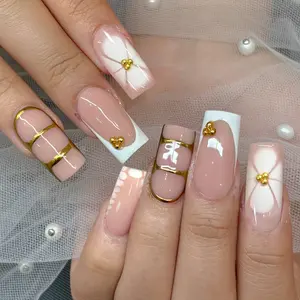 Medium Square Floral Press-On Fake Nails, 24pcs/box, Detachable DIY Reusable Acrylic Nails, Suitable for Women Girls Daily Wear