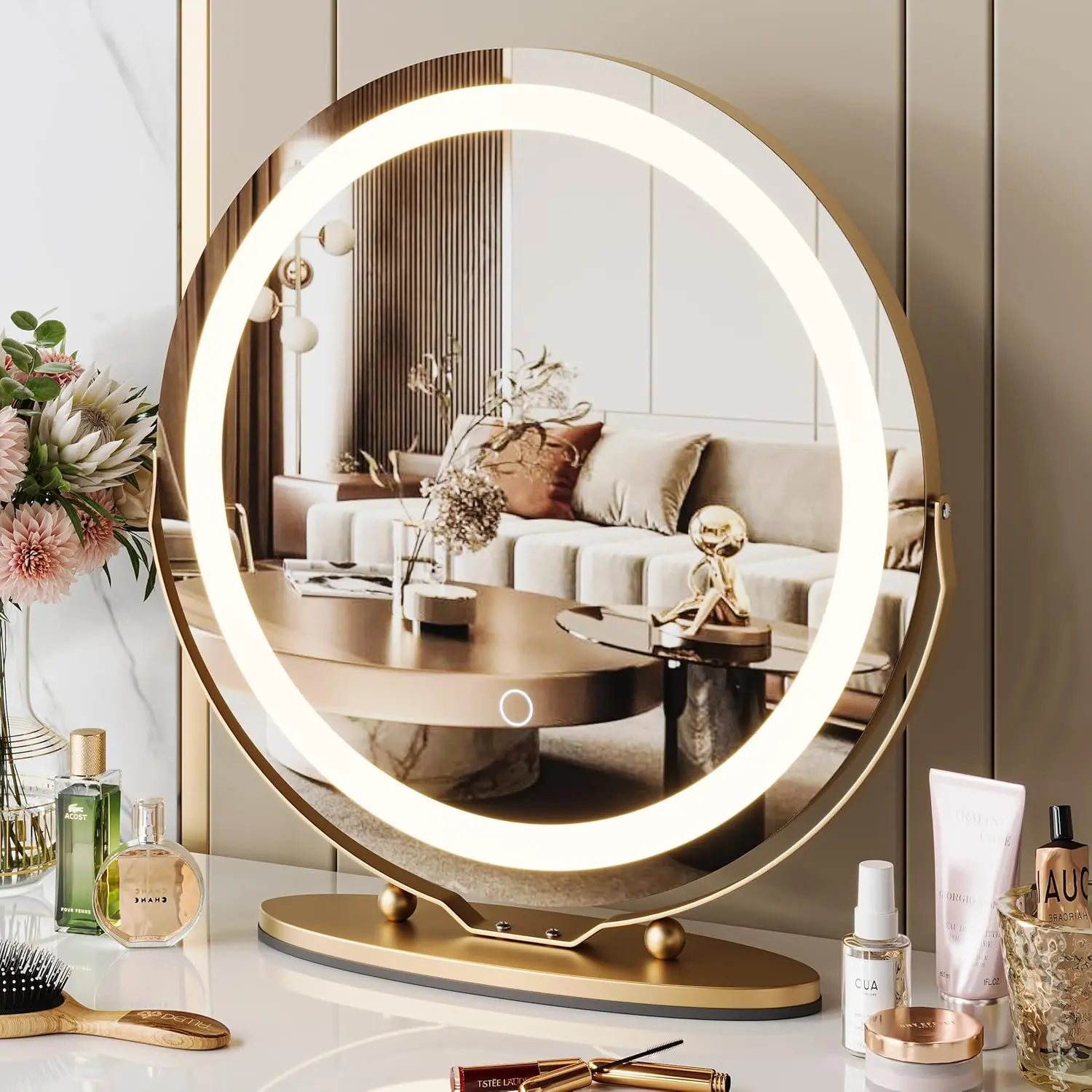 19-Inch Gold Dimmable LED Bathroom Mirror, HD Clarity Reflection, Touch Switch Control, 3 Color Lighting Modes, 360° Rotatable Round Backlit Intelligent LED Tabletop Mirror for Bathroom & Bedroom, Easy Installation, Touch Switch Mirrors