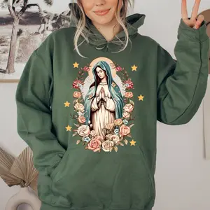 Our Lady of Guadalupe Hoodie – Virgin Mary Floral Graphic, Church & Faith Cotton sweatshirt, Unisex Religious hoodie