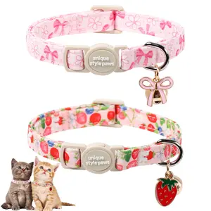 Pink Flower Kitten Collar with Bow, Bell & Heart Breakaway Buckle – Adjustable Cute Cat Collar, Ideal Gift for Boy & Girl Cats