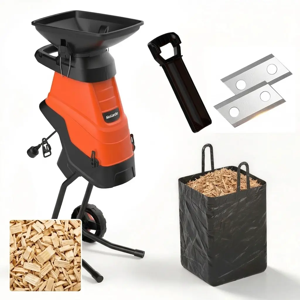 MAXLANDER 15-Amp Corded Electric Gardening Chipper-Mulcher, 1.75" Blade Branch Shredder with Push Paddle, Plastic/Metal Build & Collection Bag for Wood Chips Composting