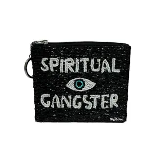 Gigi&Jen Evil Eye Spiritual Ganster Small Pouch Key Ring with Evil Eye Design Black White Zipper Closure Hand Sewn Seed Beads 4.5x5.5 Inches