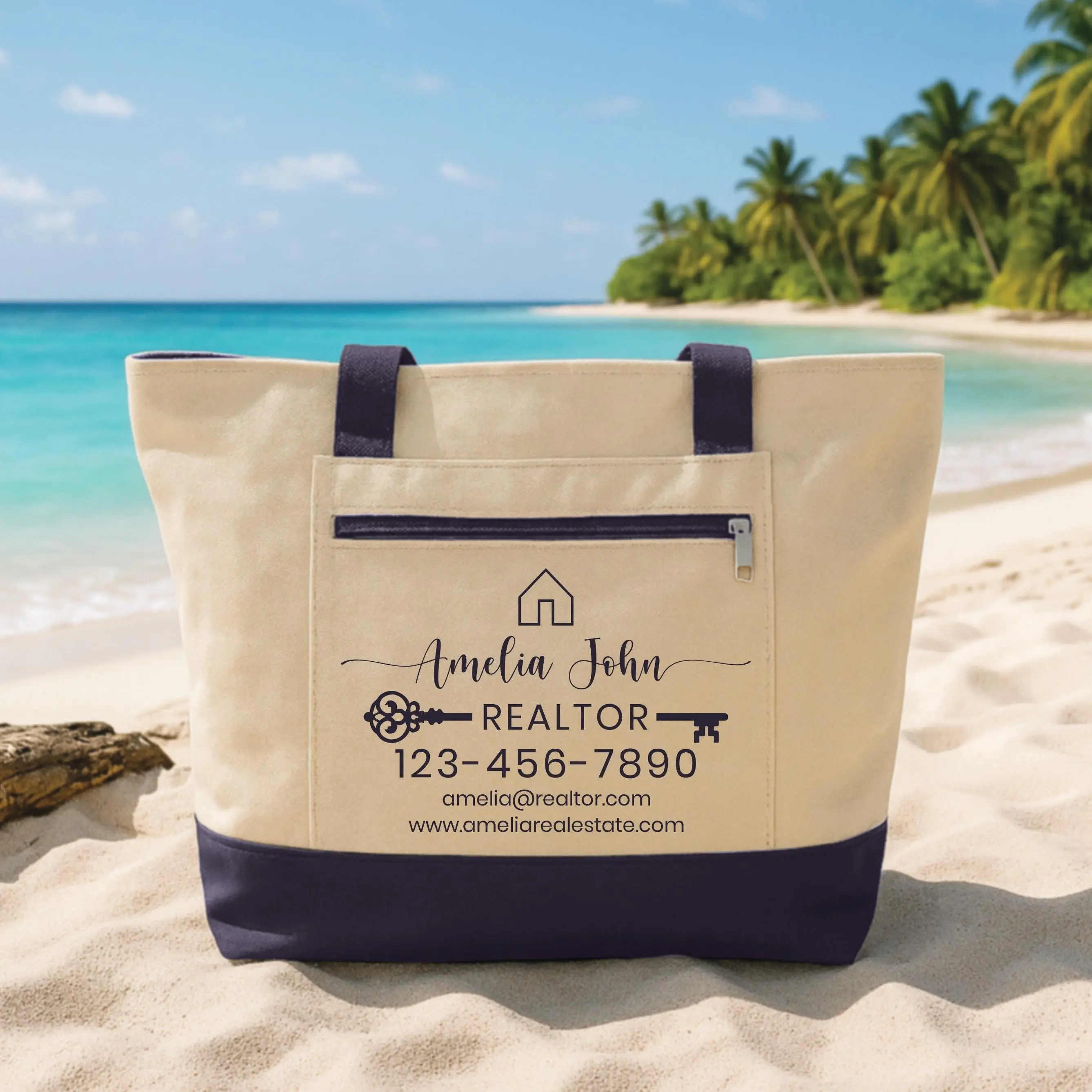Custom Realtor Tote Bag with Zipper, Personalized Name & Contact Canvas Bag, Real Estate Agent Logo, Open House Closing Gift, Work Tote Bag