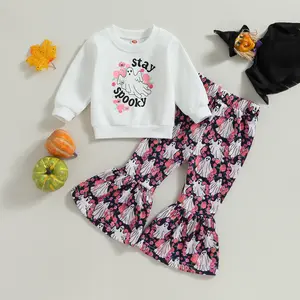 Kids Baby Girls Halloween Outfits Set Spooky Letters Print Sweatshirt with Ghost Flower Print Flare Pants Halloween Clothes
