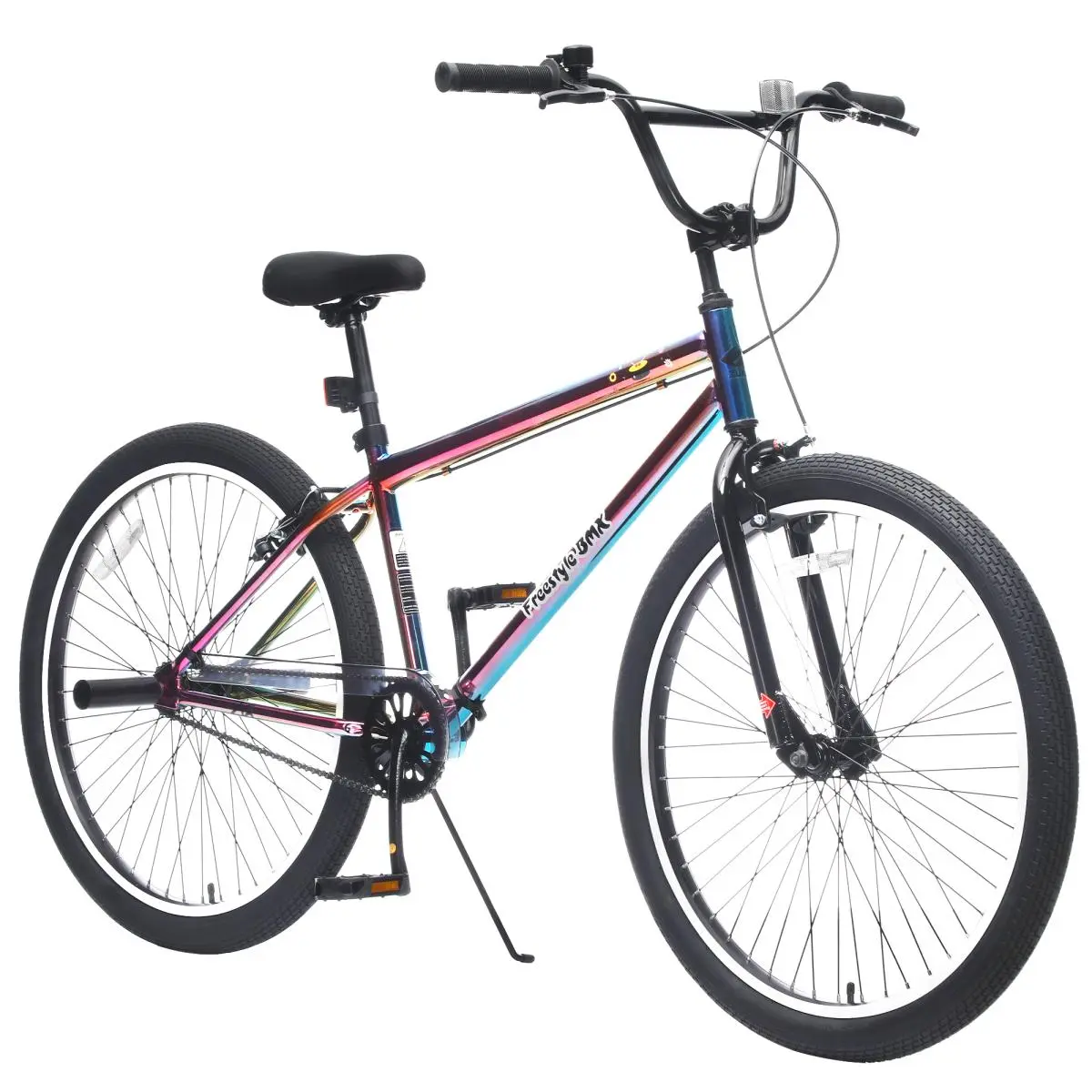 26 Inch Freestyle Bike for Teens, Steel Frame Single-Speed Bicycle with 2 Pegs , Front Caliper Brake and Rear V Brake, Bicycle for Boys and Girls Ages 14+