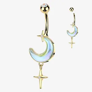 Golden Iridescent Aurora Crescent Moon Sparkle Star Dangle Belly Button Ring