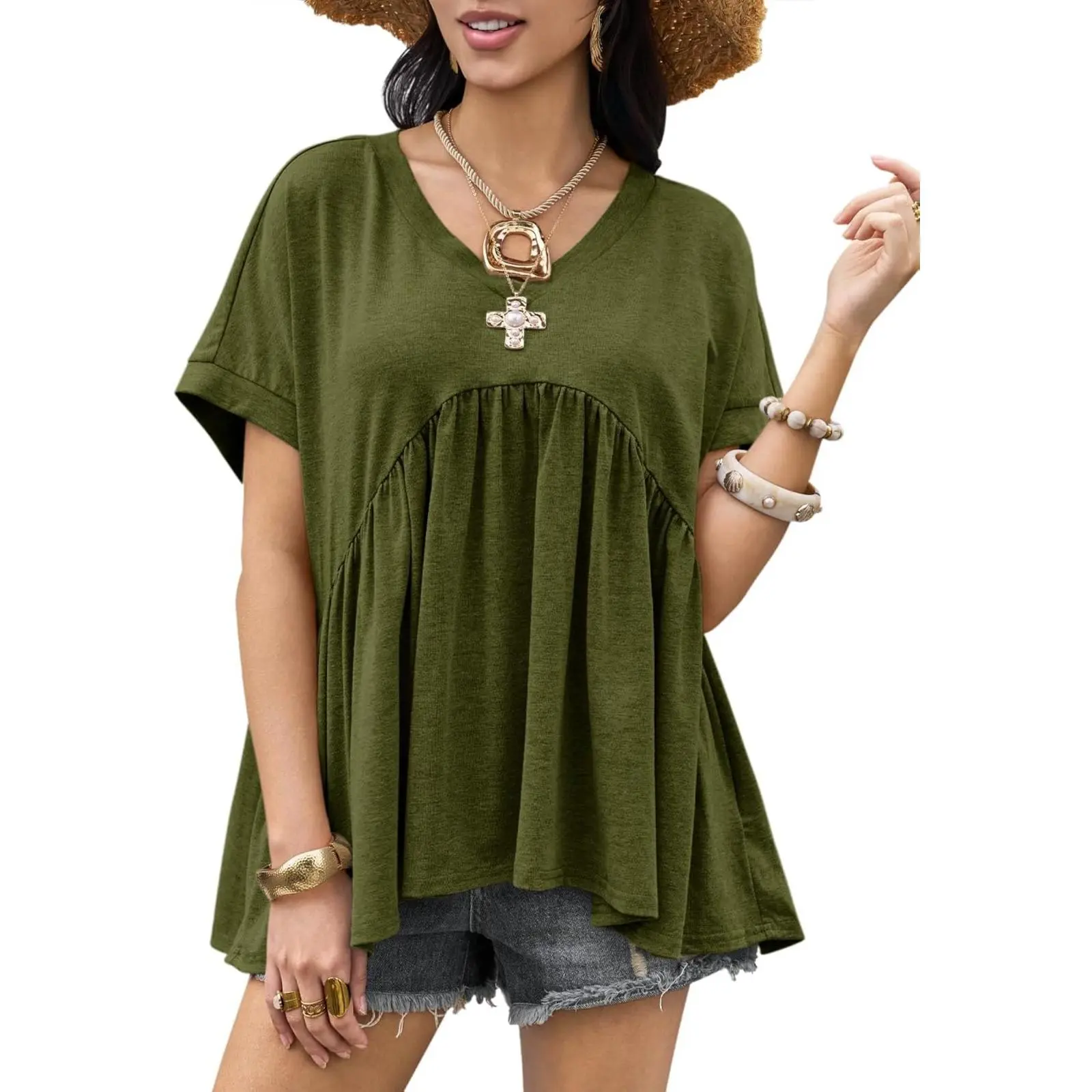 Cicy Bell Womens Summer Peplum Tops Oversized Babydoll Short Sleeve V Neck T Shirts Casual Loose Pleated Swing Blouse