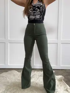 Fiona High Waisted Bell Bottom Flare Jeans - Olive