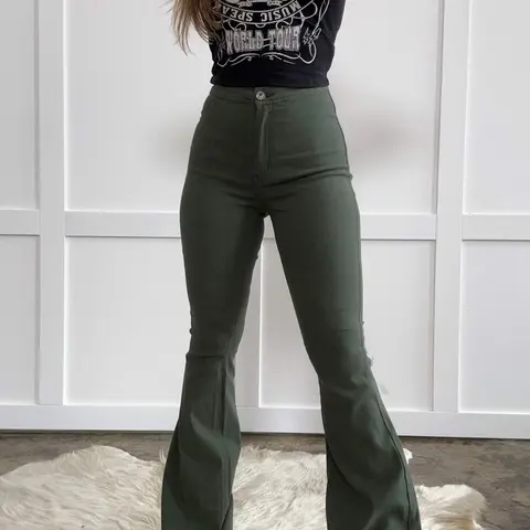 Fiona High Waisted Bell Bottom Flare Jeans - Olive