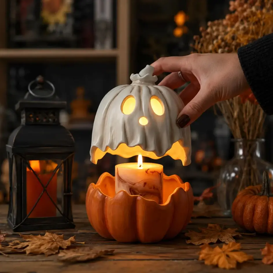 Halloween Ghost Lifting Pumpkin Candle Holder, Ceramic Tealight Candle Chamber with Spooky Cute Glow, Tabletop Decoration for Autumn Home Decor, Haunted House Party Props, Seasonal Gifts Large Resin Ghost Pumpkin Candy Bowl & Halloween Candle Holder