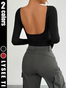 Women's fashion casual slim fit Knit pullover sexy U-shaped large leak back comfortable long sleeved T-shirt