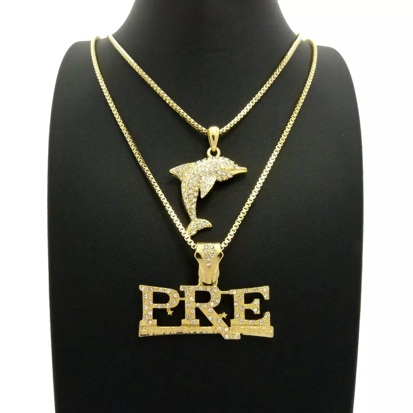 MaxBling81 Men's Exquisite Trendy Pendant 2-Piece Set - Iced Look Bold Dolphin & Pre-Rapper Motifs, 20" or 24" Box Chain, Gold/Silver Plated CZ Sparkle Daily Wear Affordable Fashion Costume Jewelry Accessory, Two Piece Set