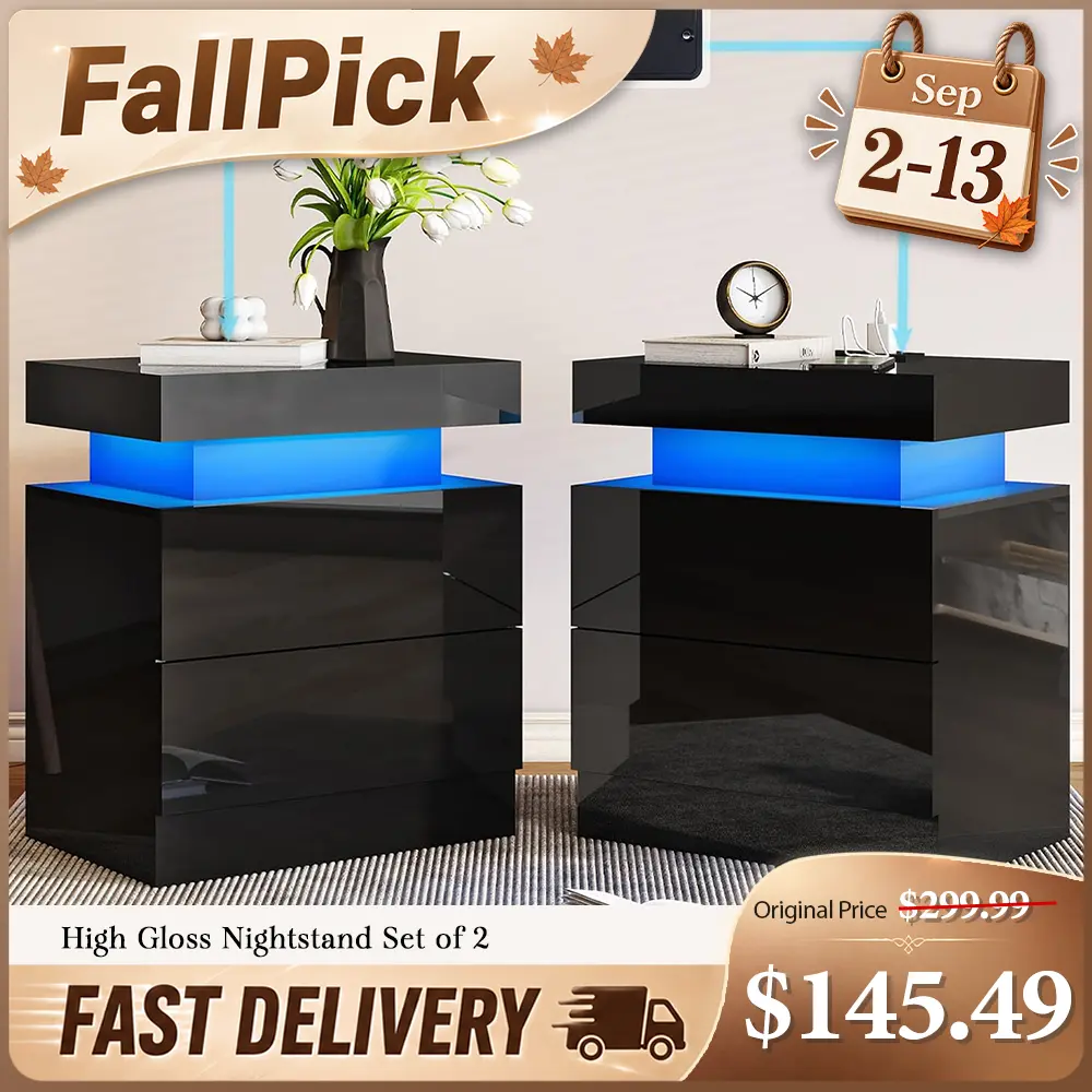 [TWO TABLES IN ONE BOX]VanAcc High Gloss Nightstand Set of 2 with Charging Station, Modern Bedside Table with LED Lights by App and Remote  Control, Sofa End Side Tables with Drawers, Minimalist Night Stand for Bedroom, Living Room #SohoChic