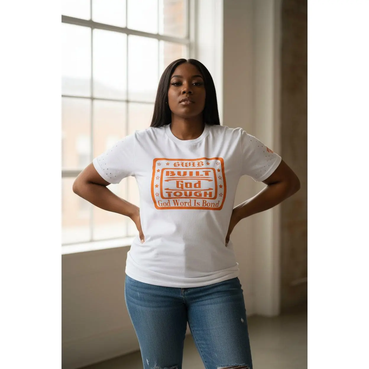 White with orange Built God Tough motivational T-Shirt decorated with rhinestones.