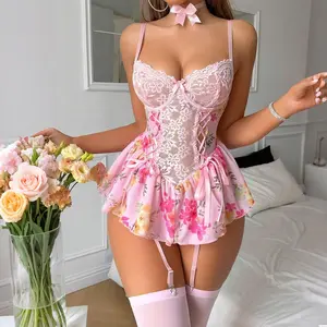 Sexy and Romantic Floral Lace See-Through Mesh Bodysuit, Lingerie Style, with Ribbon Bow Decoration and Lace Flowers Adding a Romantic Touch