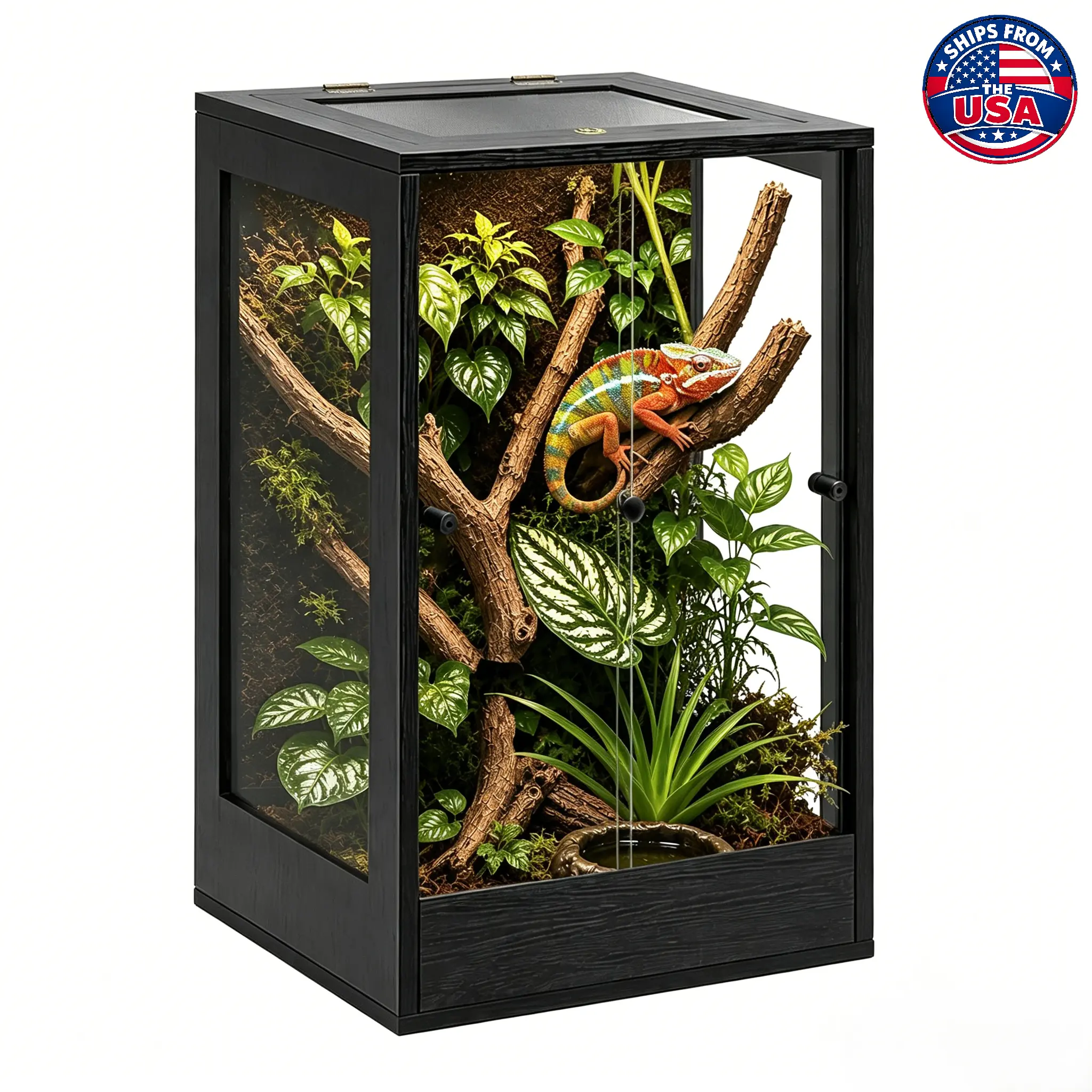 PROLEE 45 Gal Tempered Glass Reptile Terrarium (18"x18"x32" Tall) - Front Sliding Doors, Ventilated Mesh Top, Rainforest Habitat for Crested Geckos, Reptile Substrate, Terrarium Decor Wood for Bioactive Setups