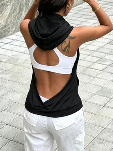 Women's Fashion Casual Sleeveless Hooded Top with Front Pocket, Back Cutout Design, Stylish and Comfortable Upper Garment