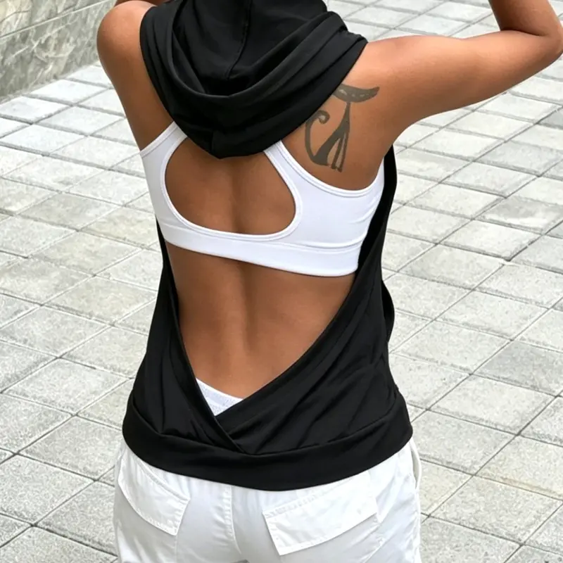 Women's Fashion Casual Sleeveless Hooded Top with Front Pocket, Back Cutout Design, Stylish, Breathable Trendy and Comfortable Upper Garment Fashion Streetwear Clothing Womenswear