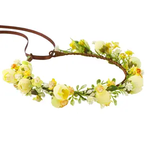 Flower Crown Floral Headpiece Green Leaf Headband Wedding Flower Crowns for Bride Floral Garland Hair Wreath Birthday Party(Yellow Style)