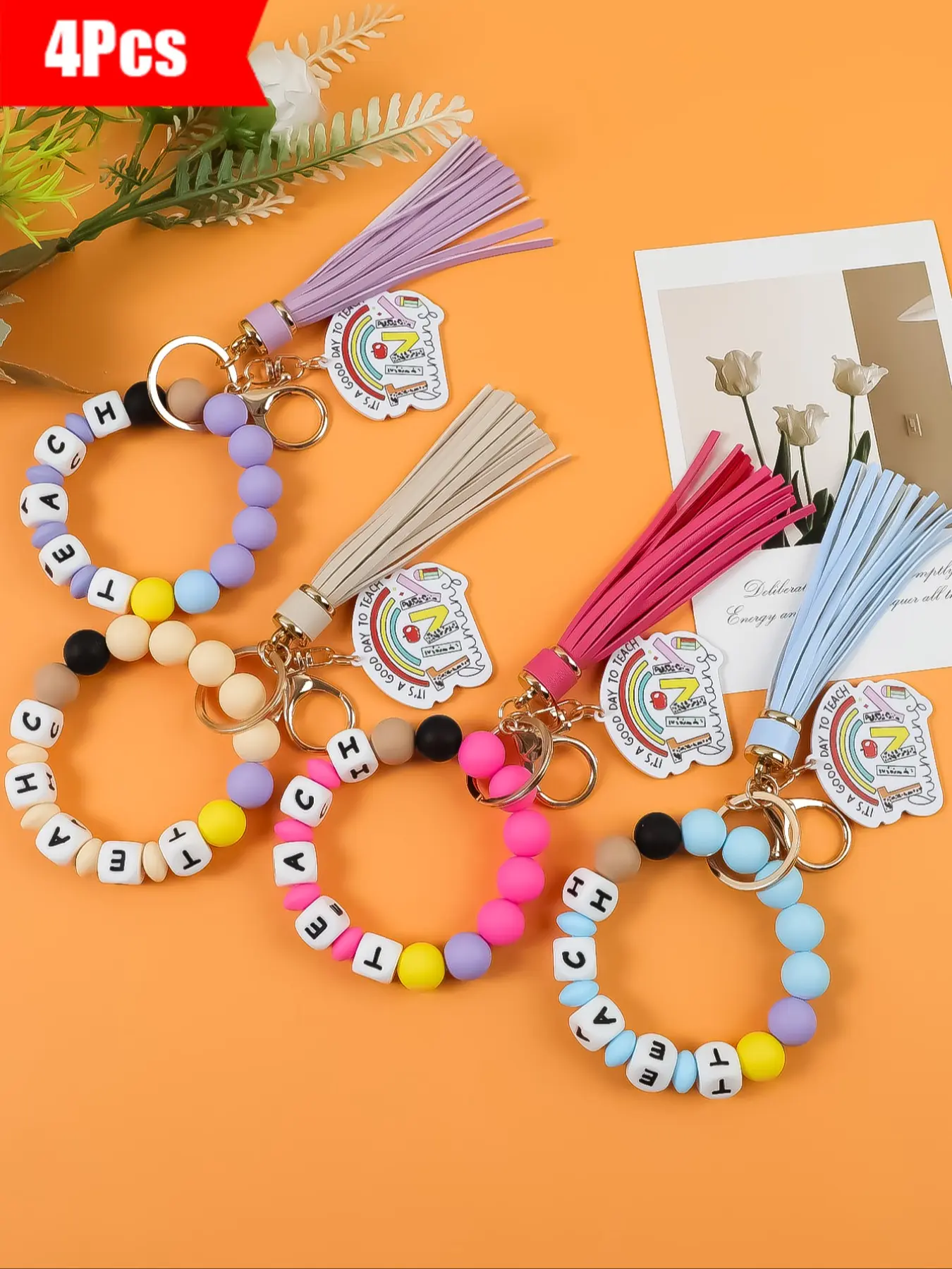 4-Piece Set Colorful Beaded Fringe Keychains with Silicone Letter Teach Design, Women's Bag Charm Car Keychain Gift for Teachers, Perfect Teacher Appreciation Day Present Keychain Pendant, Keychain for Bags, Key Rings For Car Keys, Bag Key Accessory