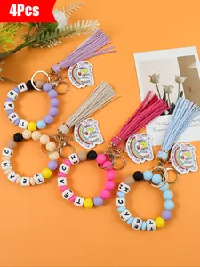 4-Piece Set Colorful Beaded Fringe Keychains with Silicone Letter Teach Design, Women's Bag Charm Car Keychain Gift for Teachers, Perfect Teacher Appreciation Day Present Keychain Pendant, Keychain for Bags