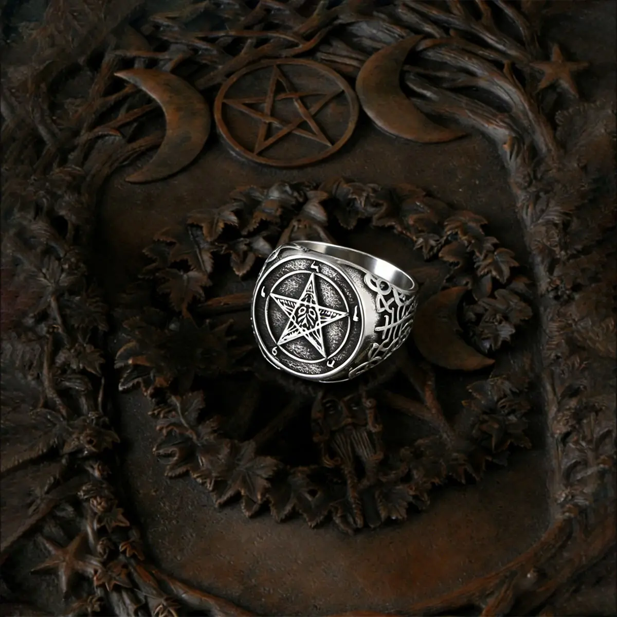Solid Copper Pentagram Ring with Lucifer Fallen Angel Design - Vintage Dark Fantasy Aesthetic Jewelry with Authentic Pagan Symbolism for Rituals, Gothic Punk Style, Witchcraft Culture, Everyday, Antique Patina, Artist Style Rings, Vintage Dark Style