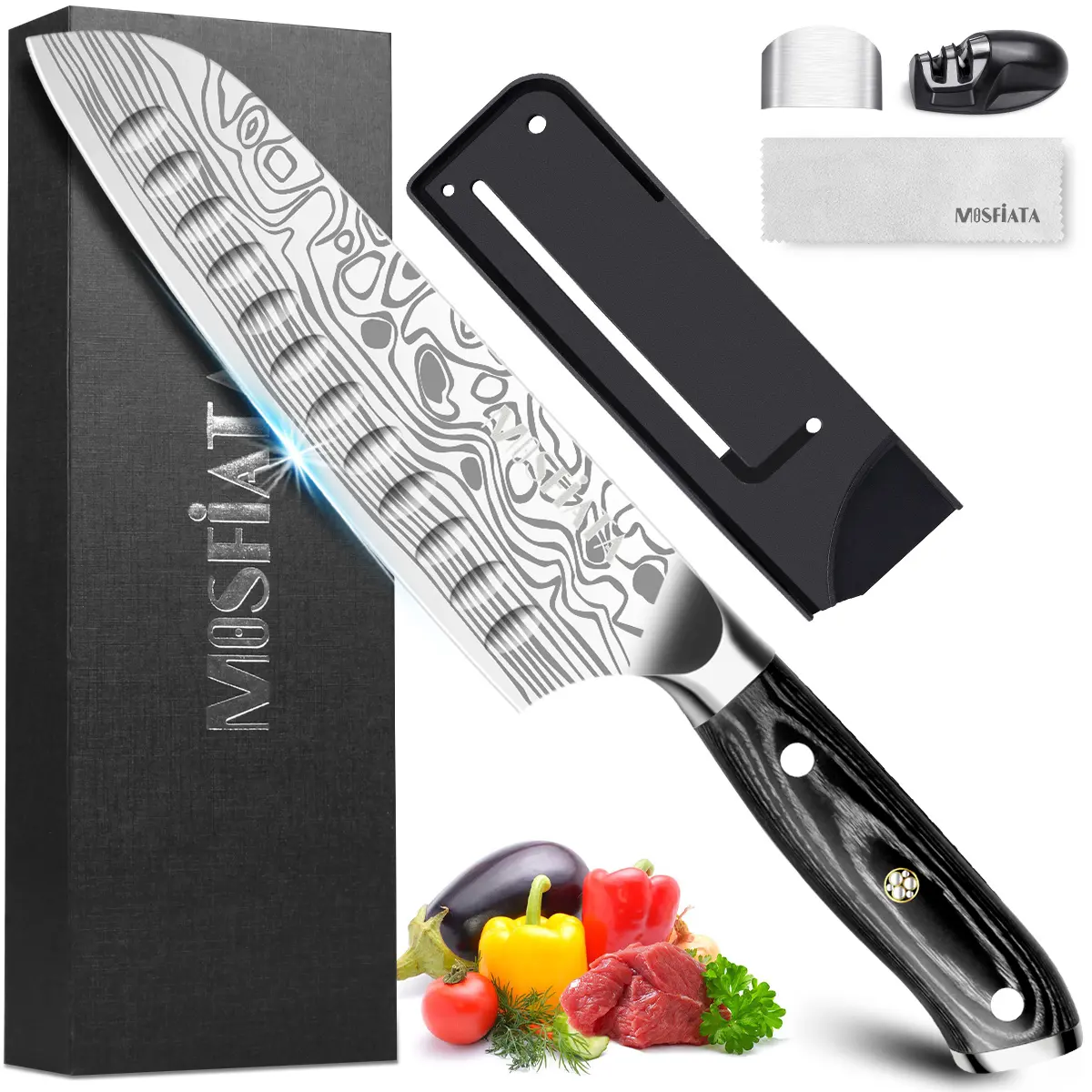MOSFiATA 7" Santoku Knife - German High-Carbon Steel Blade, Micarta Handle, Premium Gift Box for Kitchen Cutting, Kitchen Knives & Cutlery