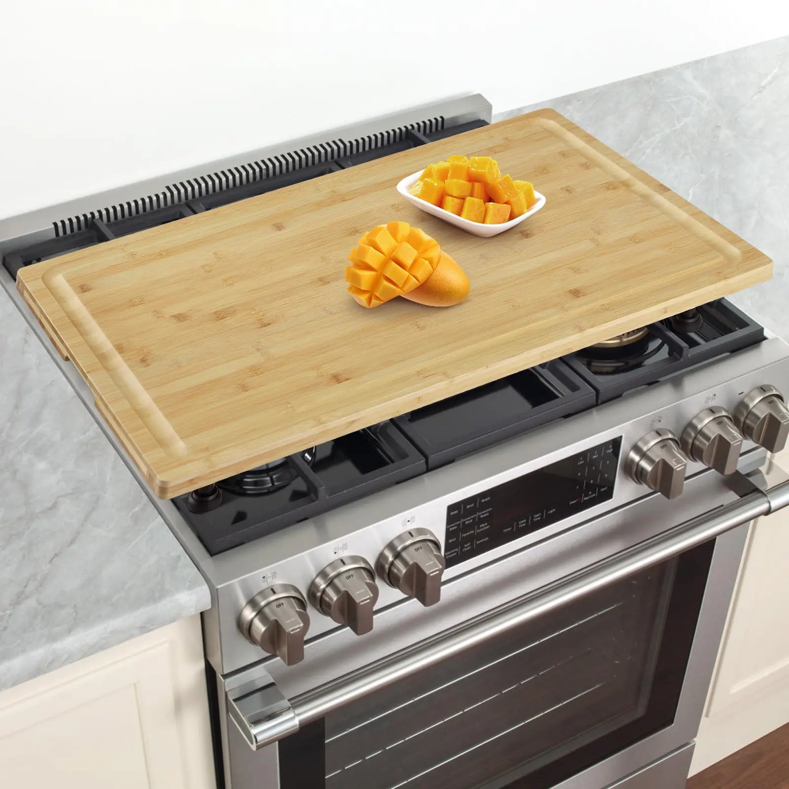 Garvee Bamboo Noodle Board Stove Cover 30x20 in, Wood Stove Top Cover Cutting Board with Adjustable Legs & Juice Grooves, RV Sink Cover Butcher Block for Small Spaces Apartments, Natural