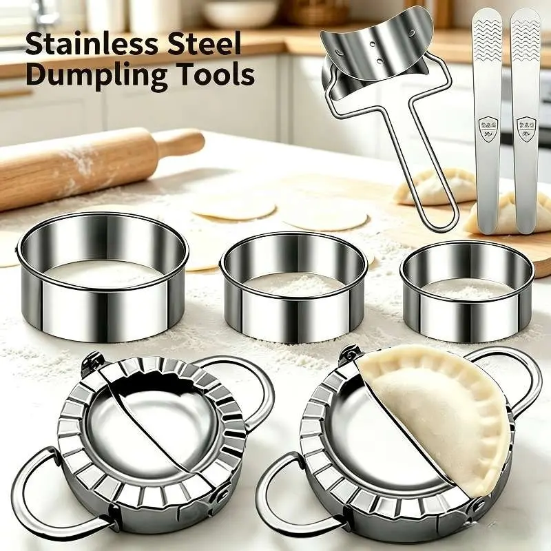 8-Piece 2-Size Stainless Steel Round Dumpling Press Molds Set - Durable Kitchenware Utensils, Kids-Friendly Bakeware Accessory, Wavy Edges Oil-Resistant Tool for Gyoza, Calzone, Round Bottom Shapes Wrappers, Tools
