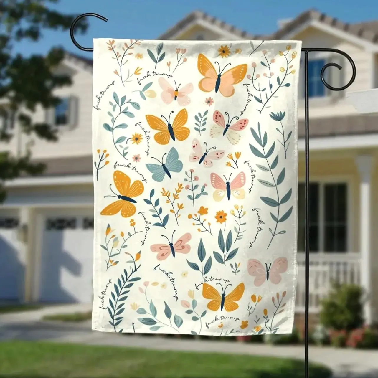 Subtle F*ck Trump Floral Garden Flag, Butterly F*ck Trump Flower Design Yard Banner, Anti Trump Sign, Anti Maga Democrat Garden Flag